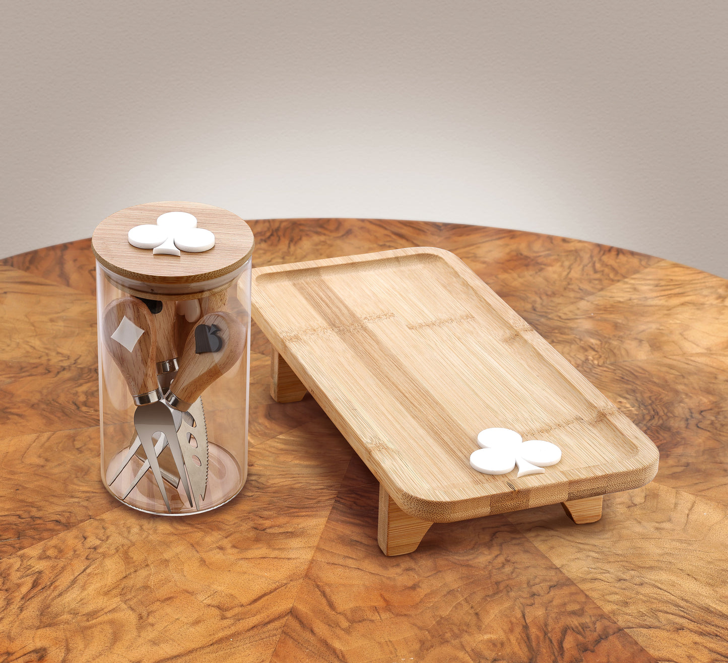 Kit Bandeja G de Madeira + Pote com Faquinhas para Queijo